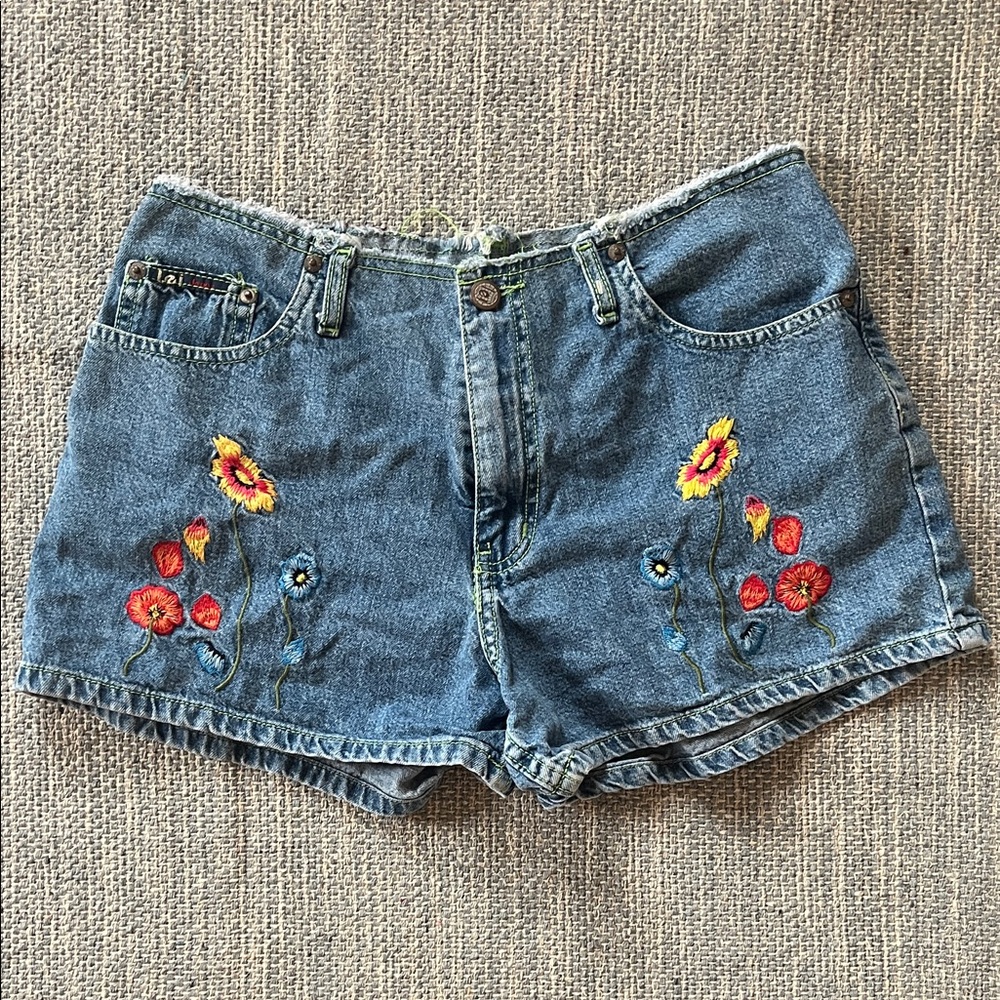 L.E.I Y2K Flower Embroidered Denim Jean Shorts